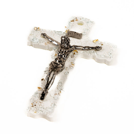 Crocifisso in Vetro di Murano Decorato Croce Religiosa da Parete, Stile Bianco