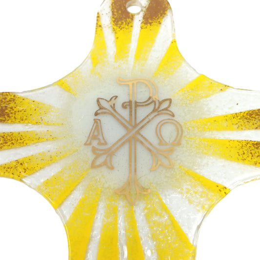 Crocifisso in Vetro Artistico di Murano con Simbolo Pax Alpha e Omega, Croce Religiosa da Parete, Stile Pax Giallo