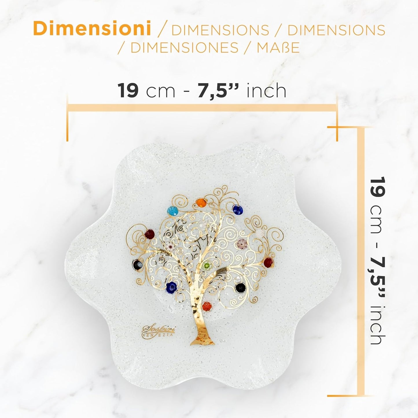 Ciotola Fiore in Vetro di Murano, idea regalo bomboniera, decoro oro ALBERO DELLA VITA e Murrine di Murano