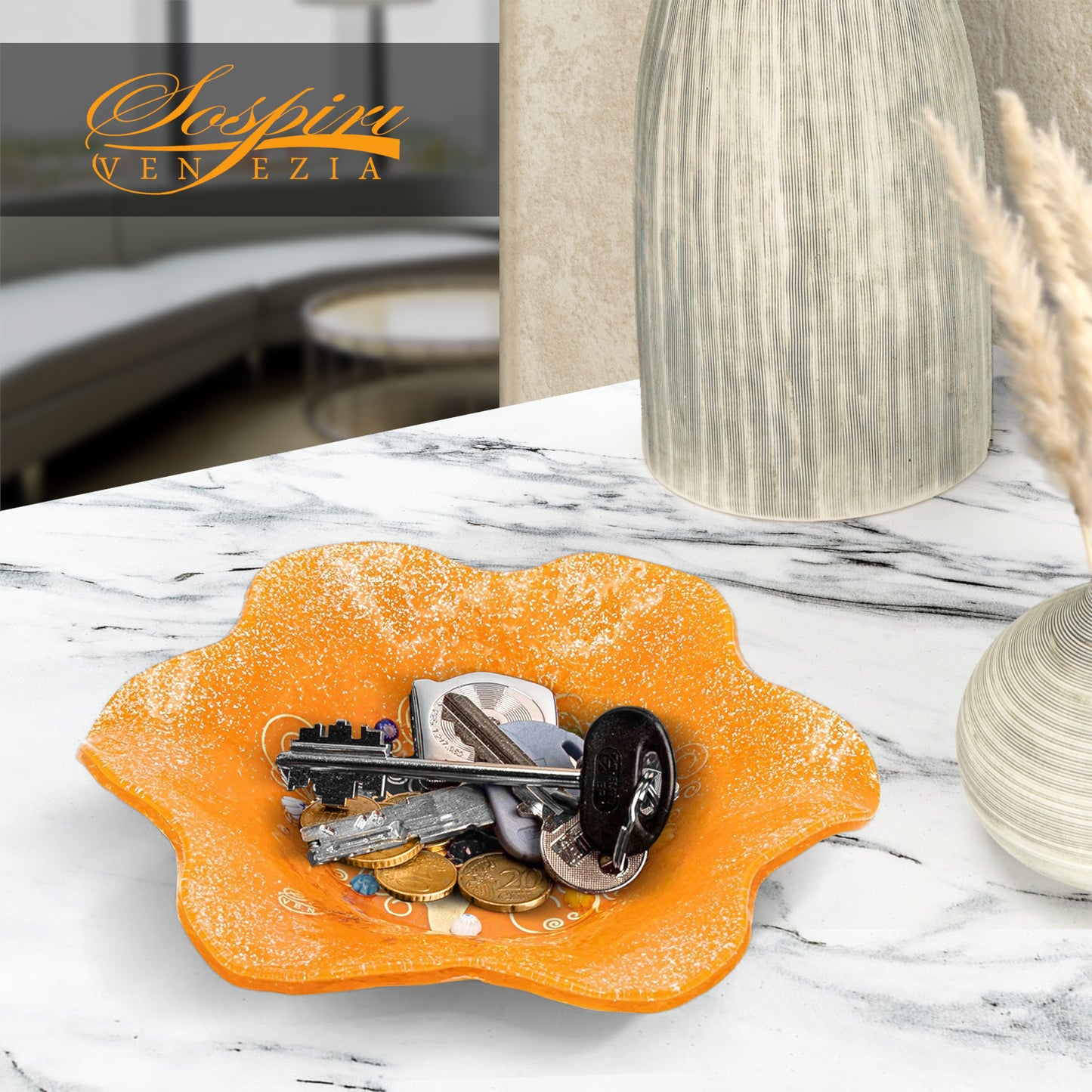 Ciotola Fiore in Vetro di Murano, idea regalo bomboniera, decoro oro ALBERO DELLA VITA e Murrine di Murano