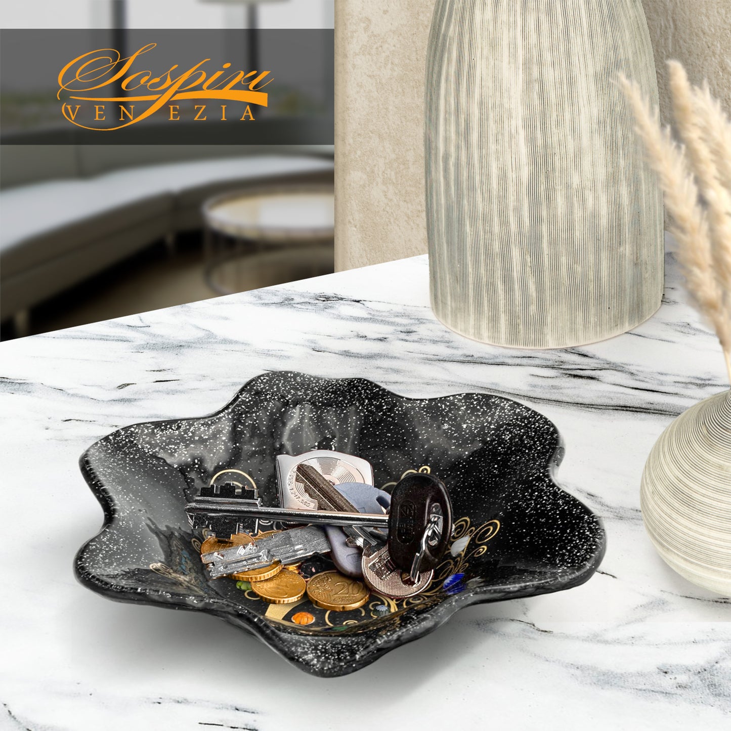 Ciotola Fiore in Vetro di Murano, idea regalo bomboniera, decoro oro ALBERO DELLA VITA e Murrine di Murano