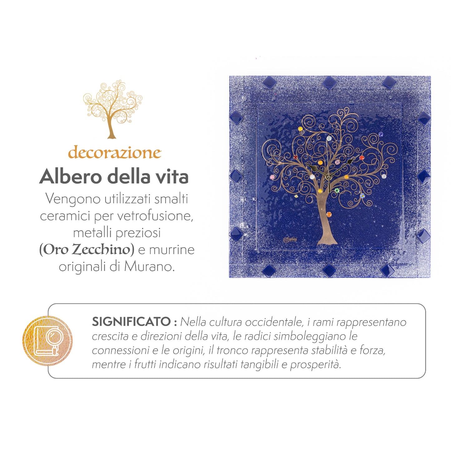 Orologio da parete quadrato in vetro di Murano, idea regalo bomboniera, decoro oro ALBERO DELLA VITA