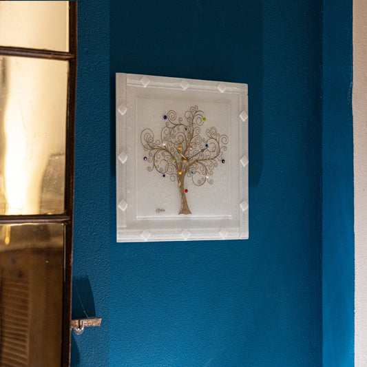 Orologio da parete quadrato in vetro di Murano, idea regalo bomboniera, decoro oro ALBERO DELLA VITA
