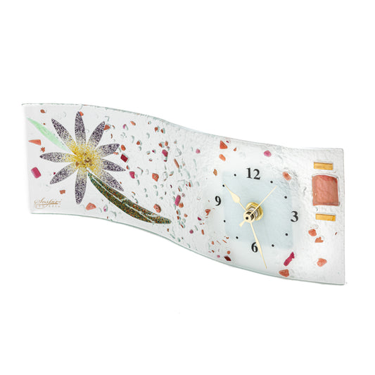 Orologio da tavolo rettangolare ondulato, in Vetro di Murano, idea regalo bomboniera, decoro FLOREALE cm.30x10