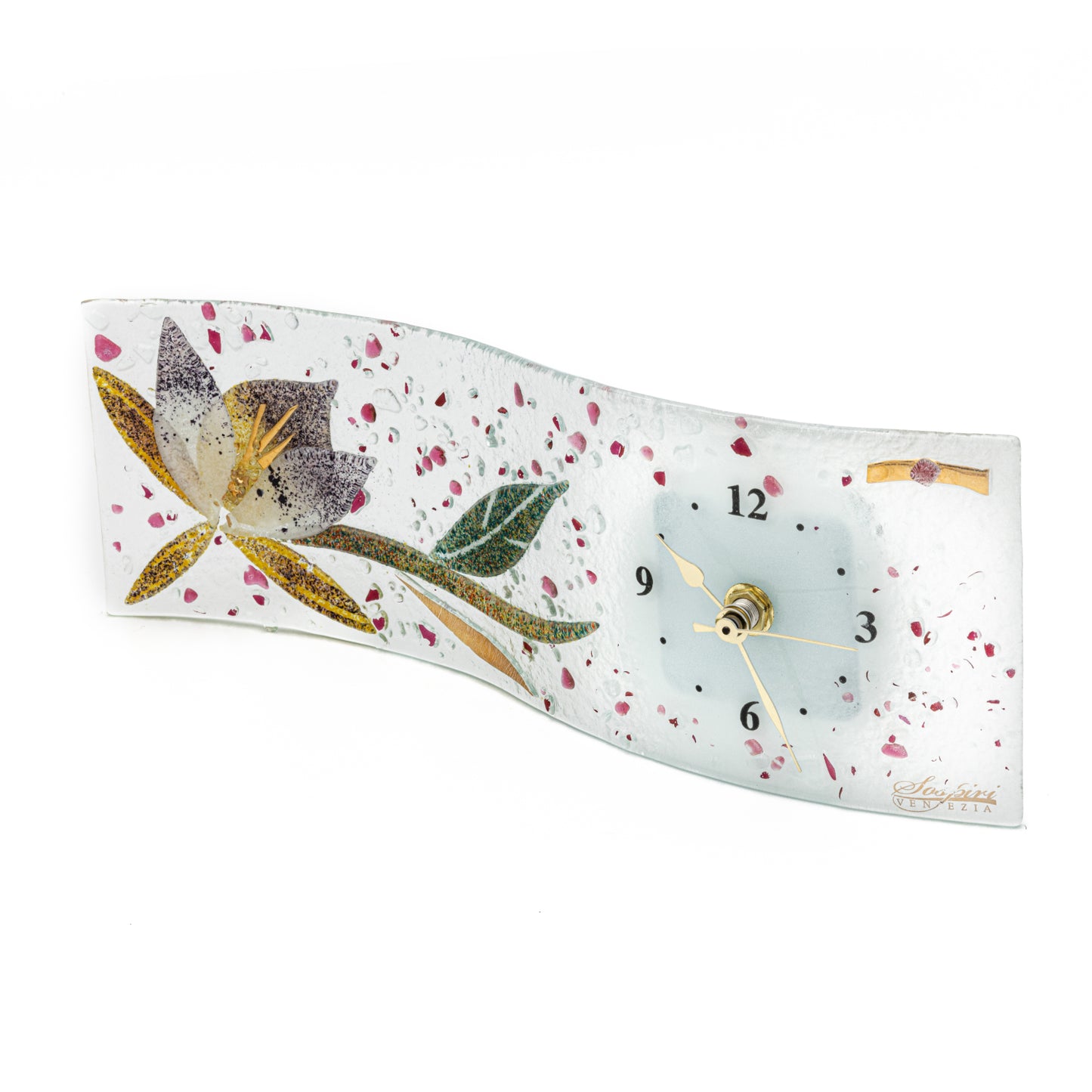 Orologio da tavolo rettangolare ondulato, in Vetro di Murano, idea regalo bomboniera, decoro FLOREALE cm.30x10