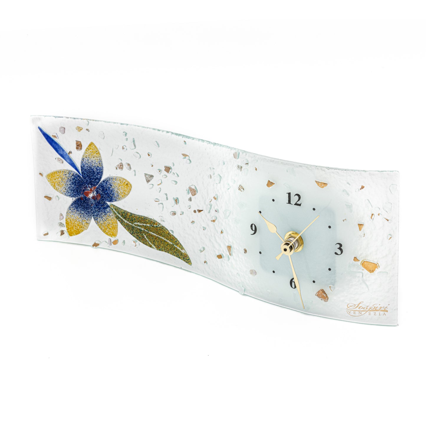 Orologio da tavolo rettangolare ondulato, in Vetro di Murano, idea regalo bomboniera, decoro FLOREALE cm.30x10