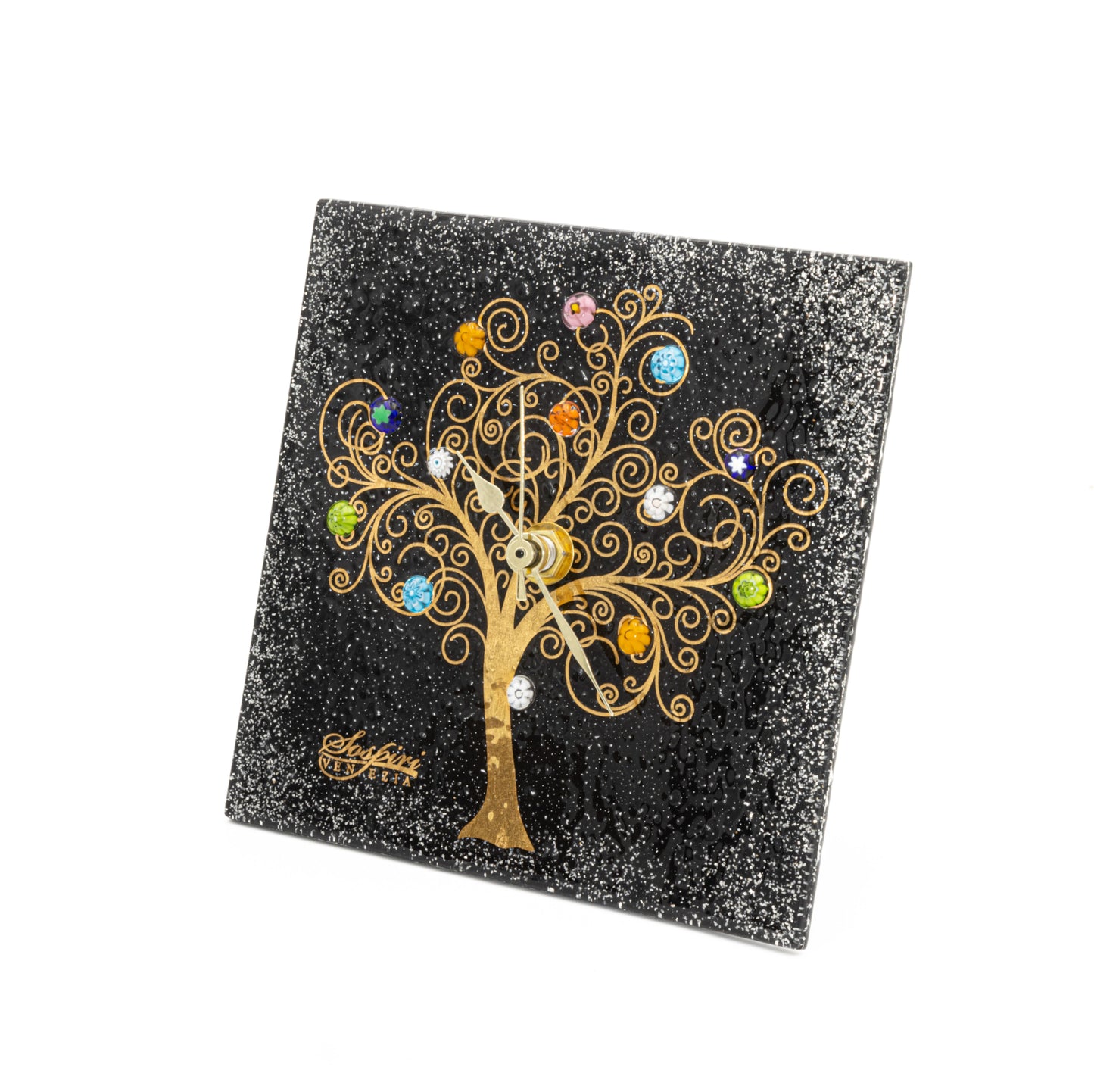 Orologio da parete quadrato in vetro di Murano, idea regalo bomboniera, decoro oro ALBERO DELLA VITA
