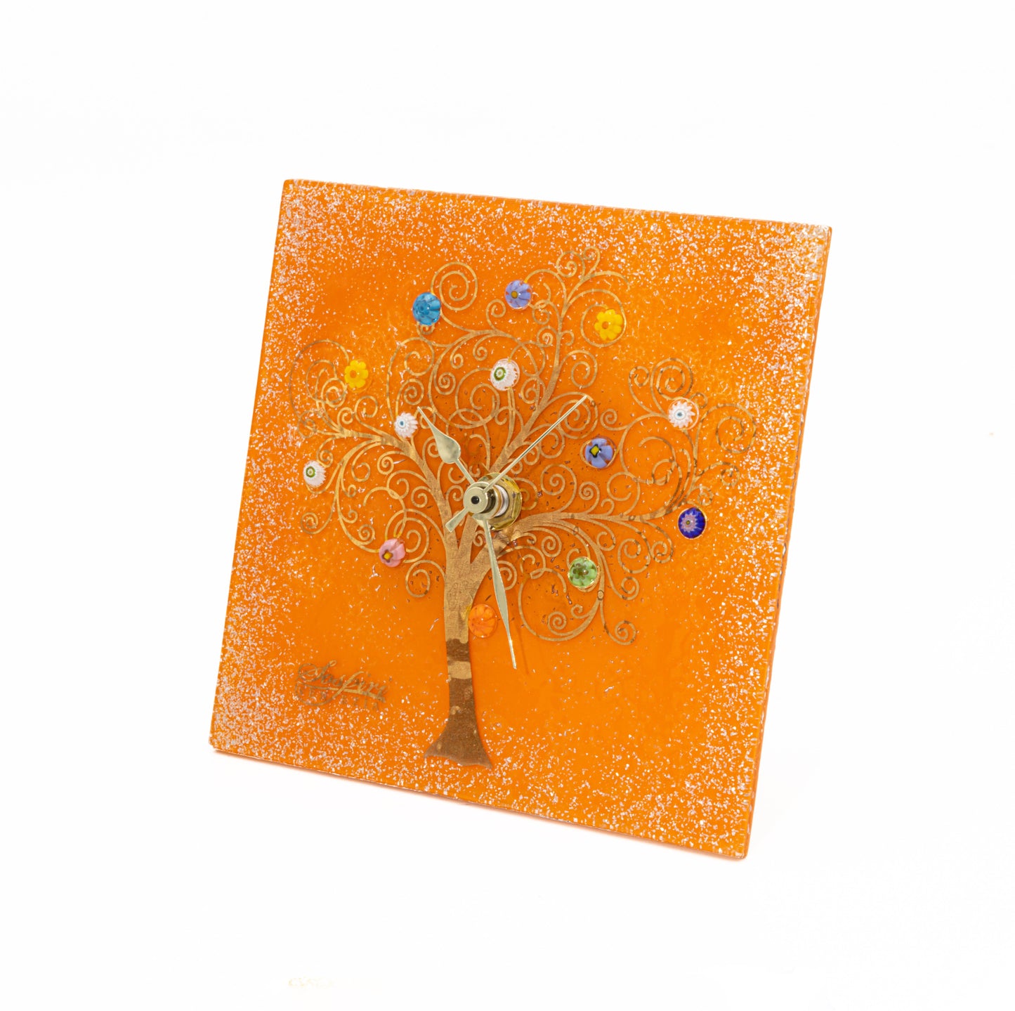 Orologio da parete quadrato in vetro di Murano, idea regalo bomboniera, decoro oro ALBERO DELLA VITA