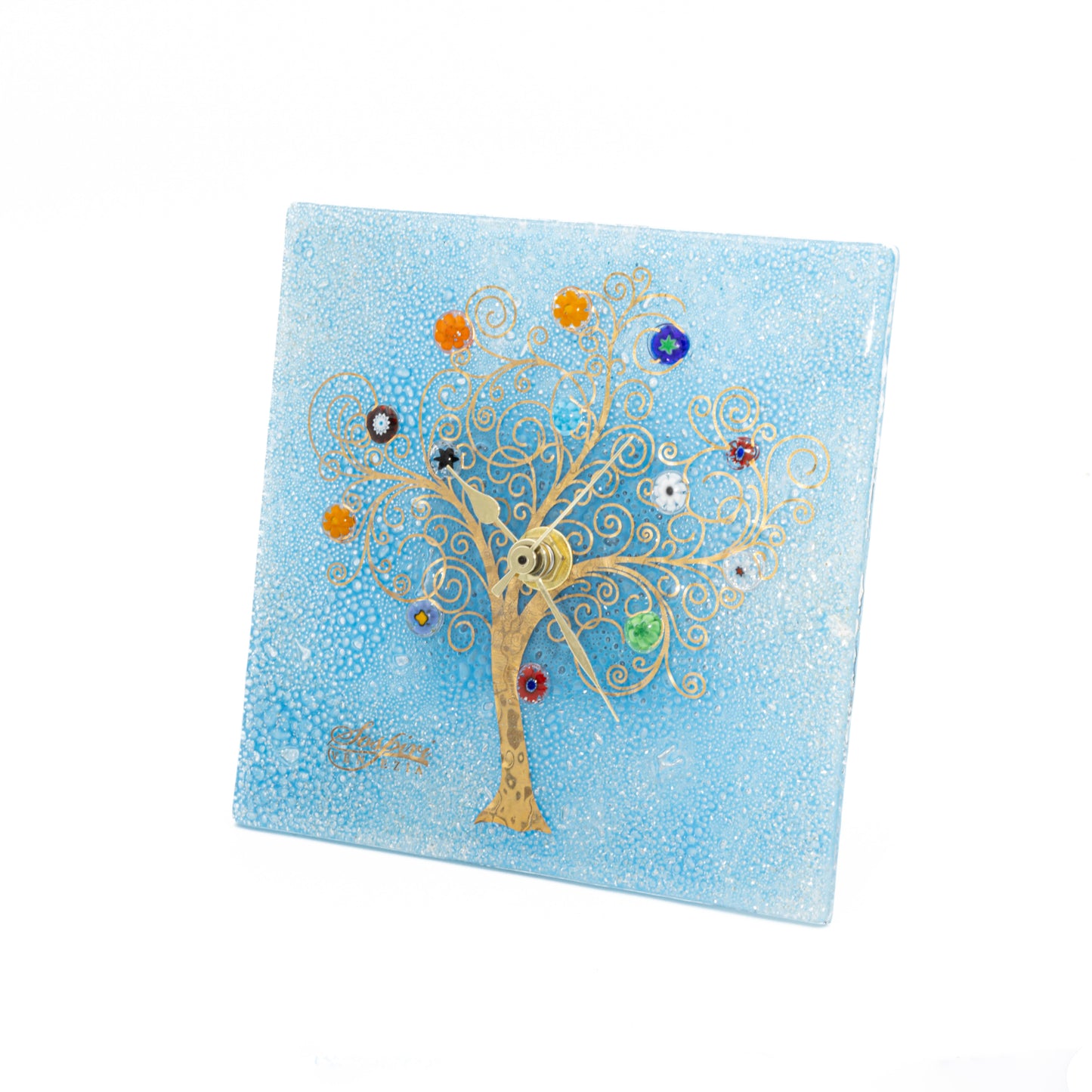 Orologio da parete quadrato in vetro di Murano, idea regalo bomboniera, decoro oro ALBERO DELLA VITA