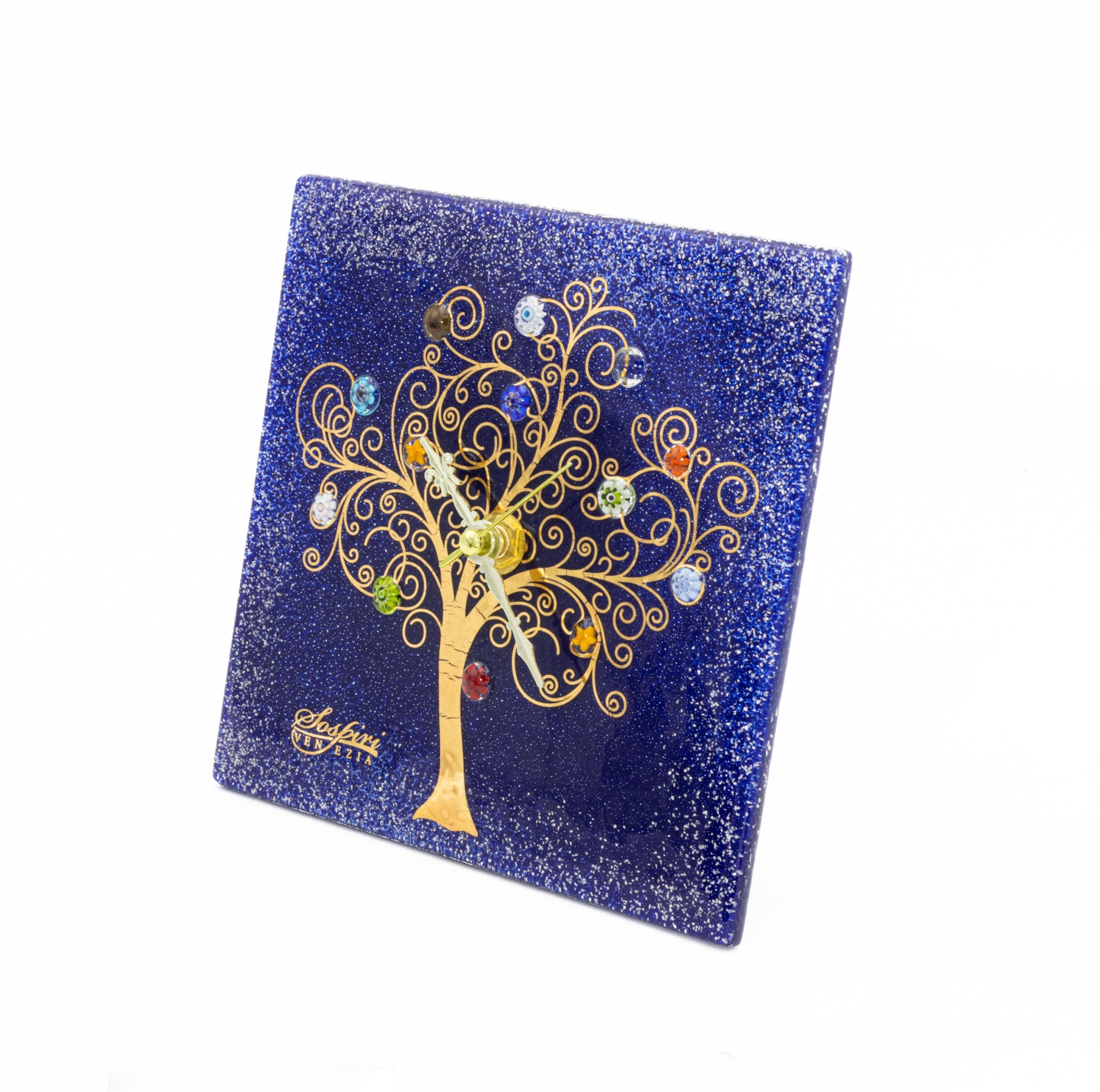 Orologio da parete quadrato in vetro di Murano, idea regalo bomboniera, decoro oro ALBERO DELLA VITA