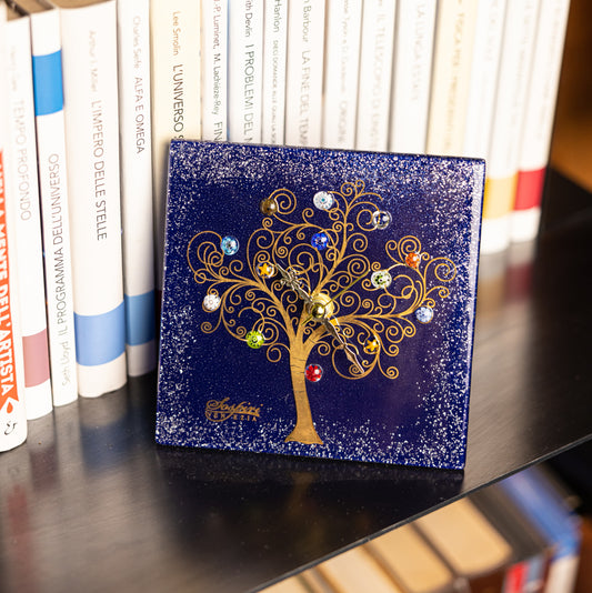 Orologio da tavolo quadrato in vetro di Murano, idea regalo bomboniera, decoro oro ALBERO DELLA VITA