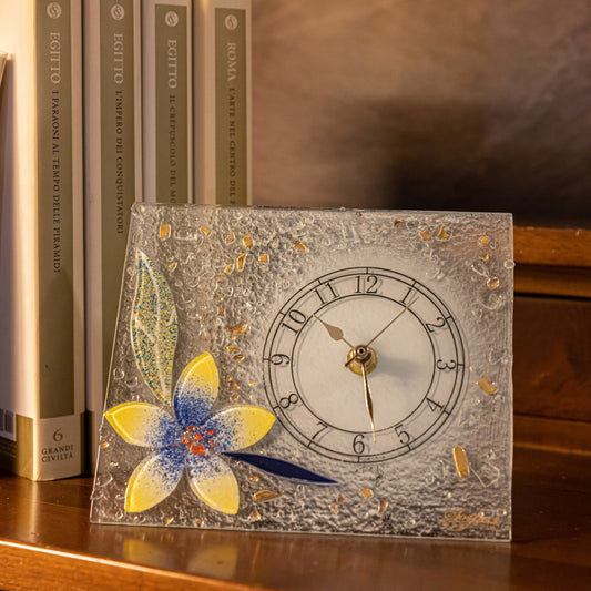 Orologio da tavolo rettangolare in Vetro di Murano, idea regalo bomboniera, decoro oro FLOREALE cm.18x15