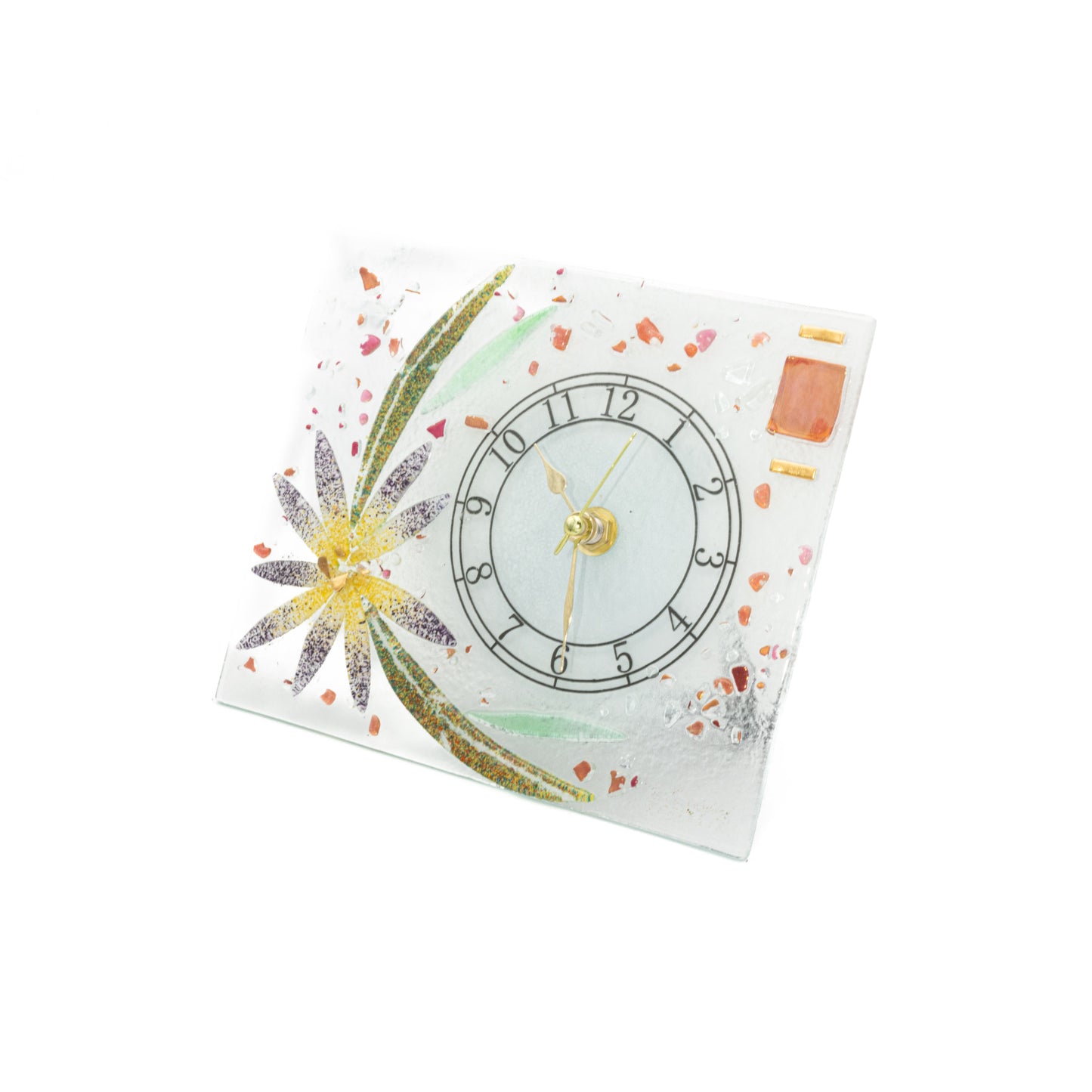 Orologio da tavolo rettangolare in Vetro di Murano, idea regalo bomboniera, decoro oro FLOREALE cm.18x15
