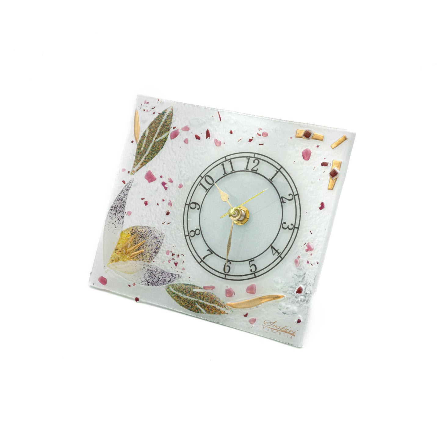 Orologio da tavolo rettangolare in Vetro di Murano, idea regalo bomboniera, decoro oro FLOREALE cm.18x15