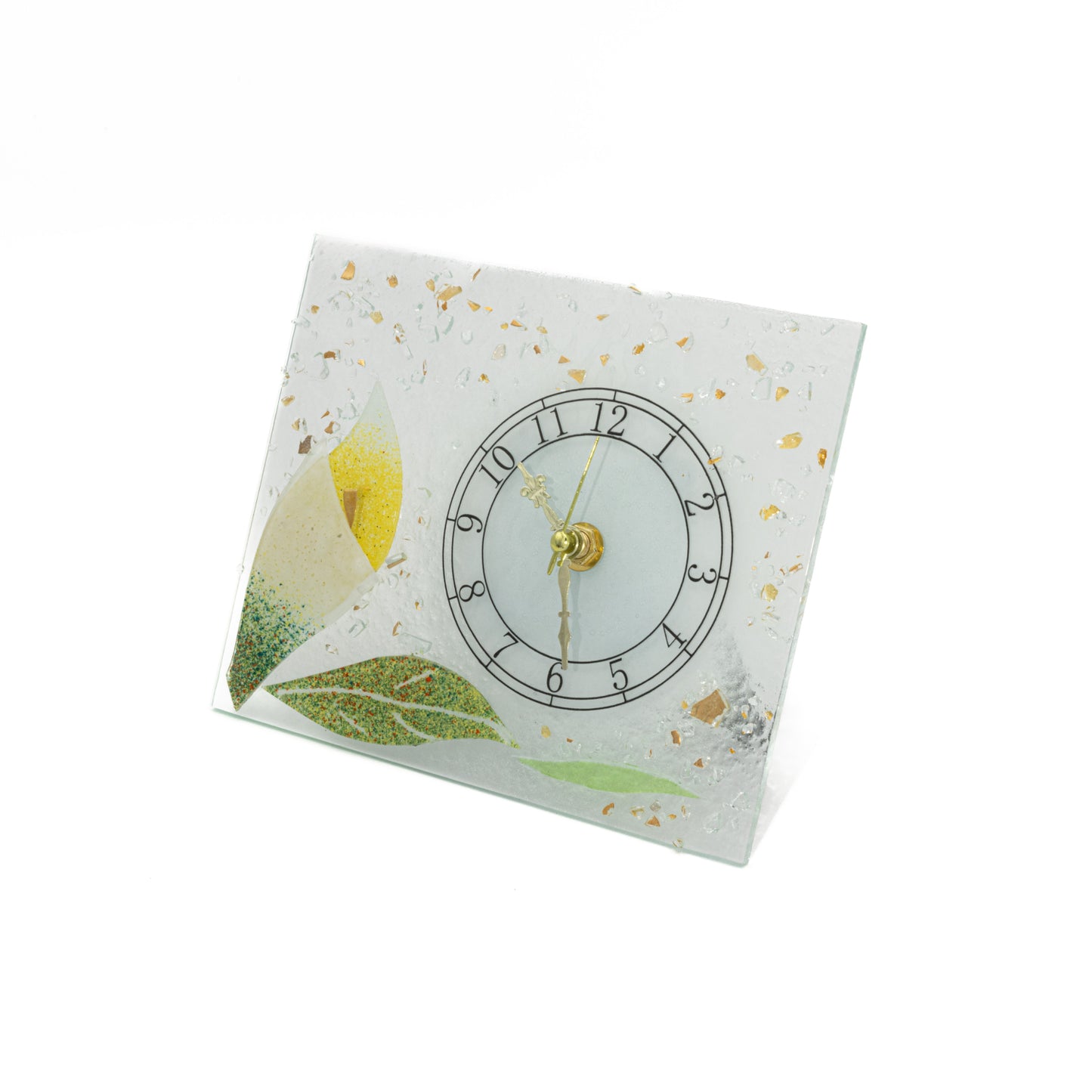 Orologio da tavolo rettangolare in Vetro di Murano, idea regalo bomboniera, decoro oro FLOREALE cm.18x15