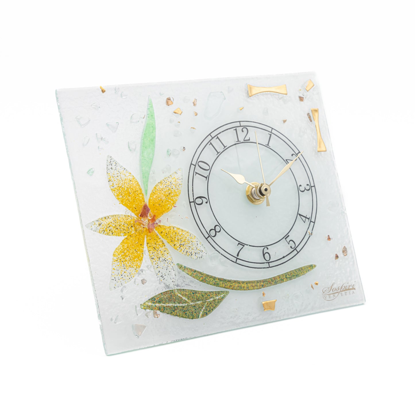 Orologio da tavolo rettangolare in Vetro di Murano, idea regalo bomboniera, decoro oro FLOREALE cm.18x15