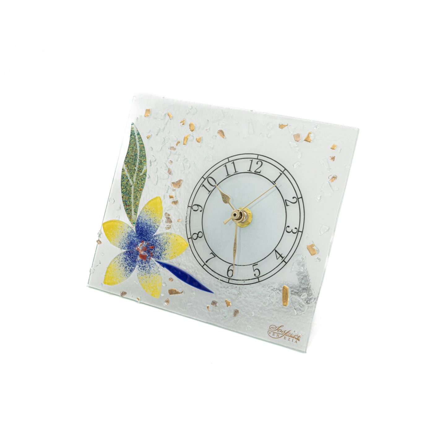 Orologio da tavolo rettangolare in Vetro di Murano, idea regalo bomboniera, decoro oro FLOREALE cm.18x15