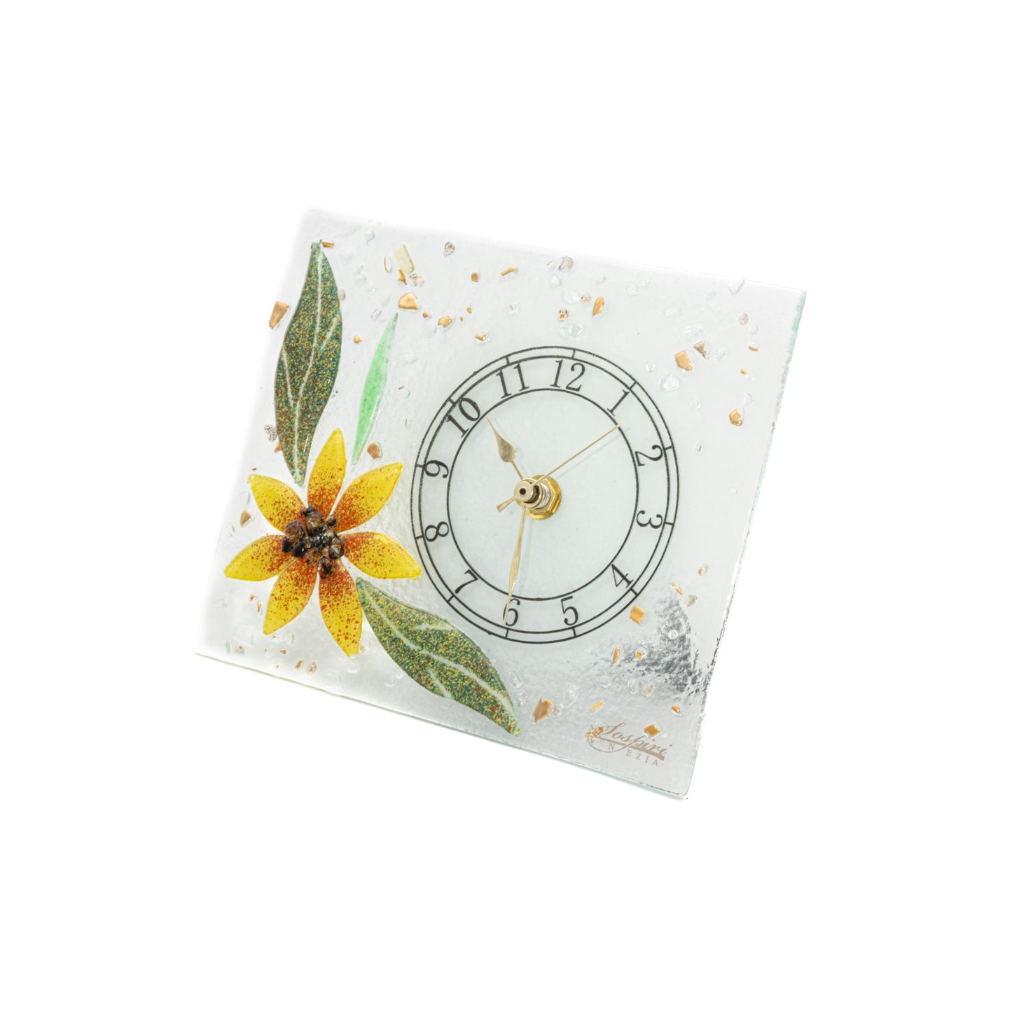Orologio da tavolo rettangolare in Vetro di Murano, idea regalo bomboniera, decoro oro FLOREALE cm.18x15