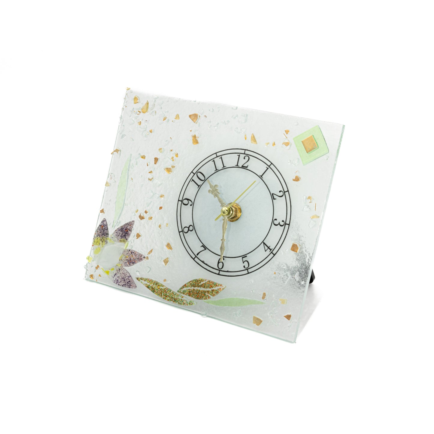Orologio da tavolo rettangolare in Vetro di Murano, idea regalo bomboniera, decoro oro FLOREALE cm.18x15