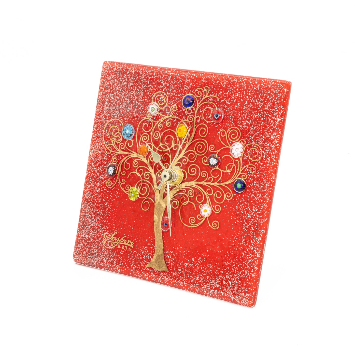 Orologio da parete quadrato in vetro di Murano, idea regalo bomboniera, decoro oro ALBERO DELLA VITA