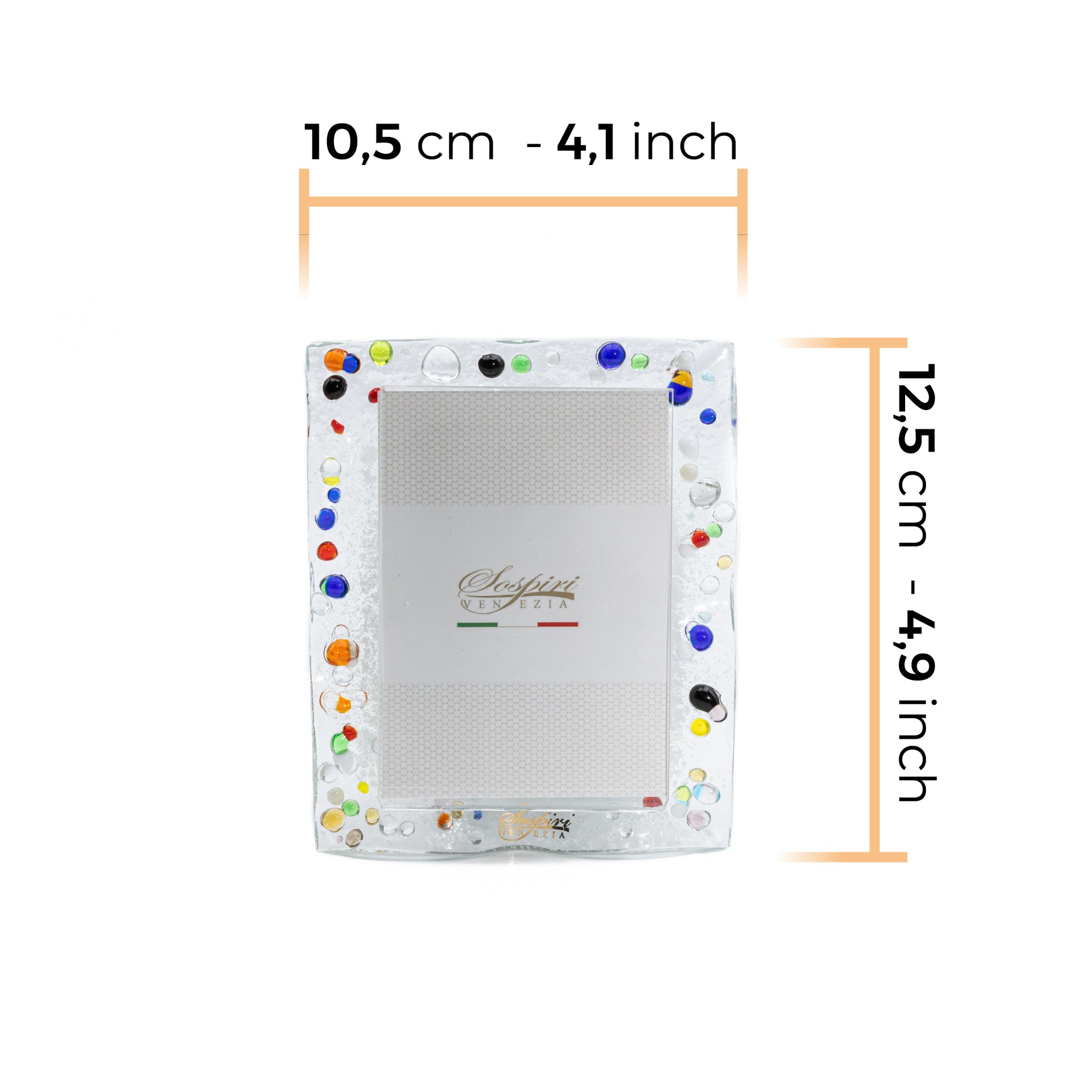 portafoto-rettangolare-piccolo-vetro-murano-murrine-decoro-gocce-veneziane-idea-regalo-cerimonia-bomboniera-sospiri-venezia-dimensioni