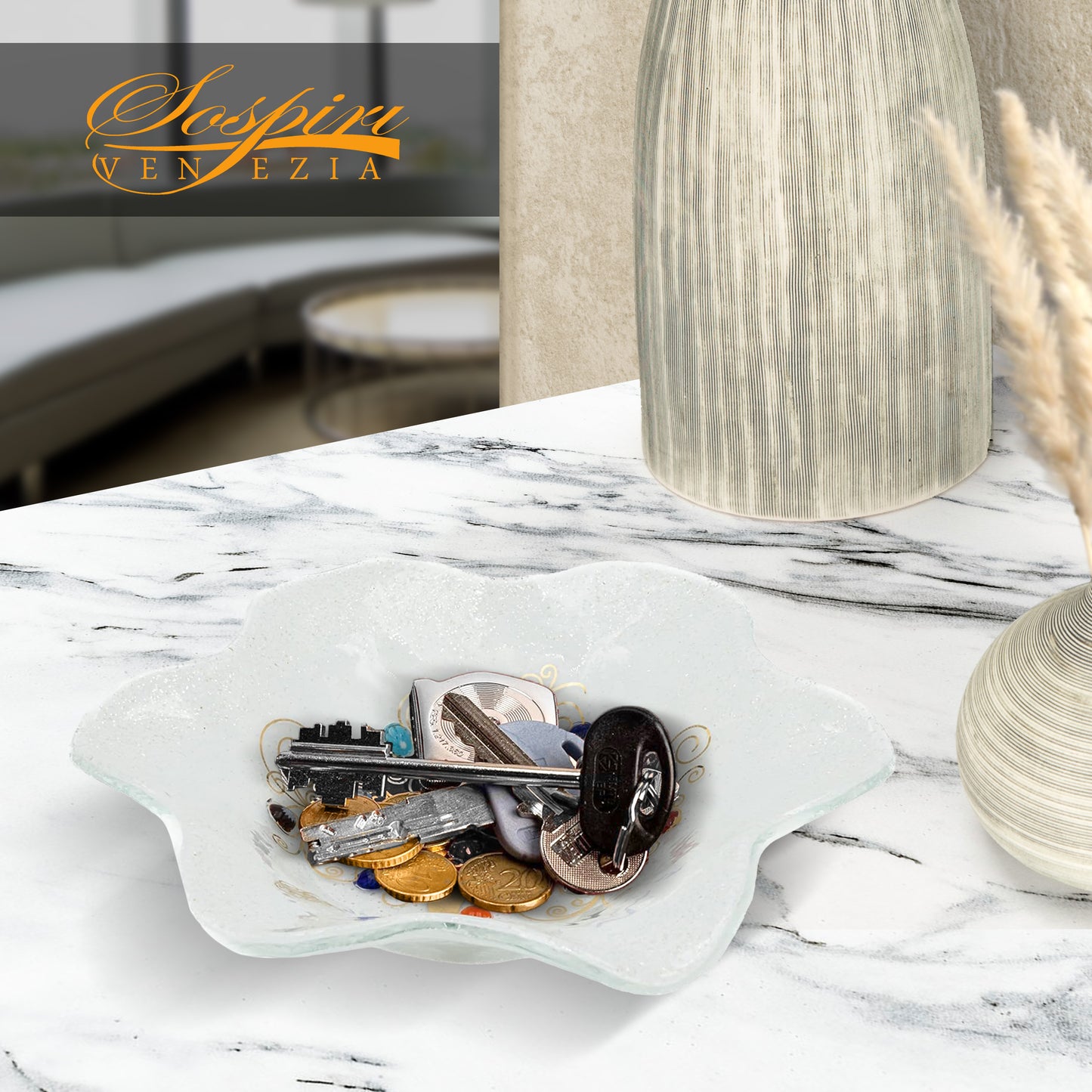 Ciotola Fiore in Vetro di Murano, idea regalo bomboniera, decoro oro ALBERO DELLA VITA e Murrine di Murano
