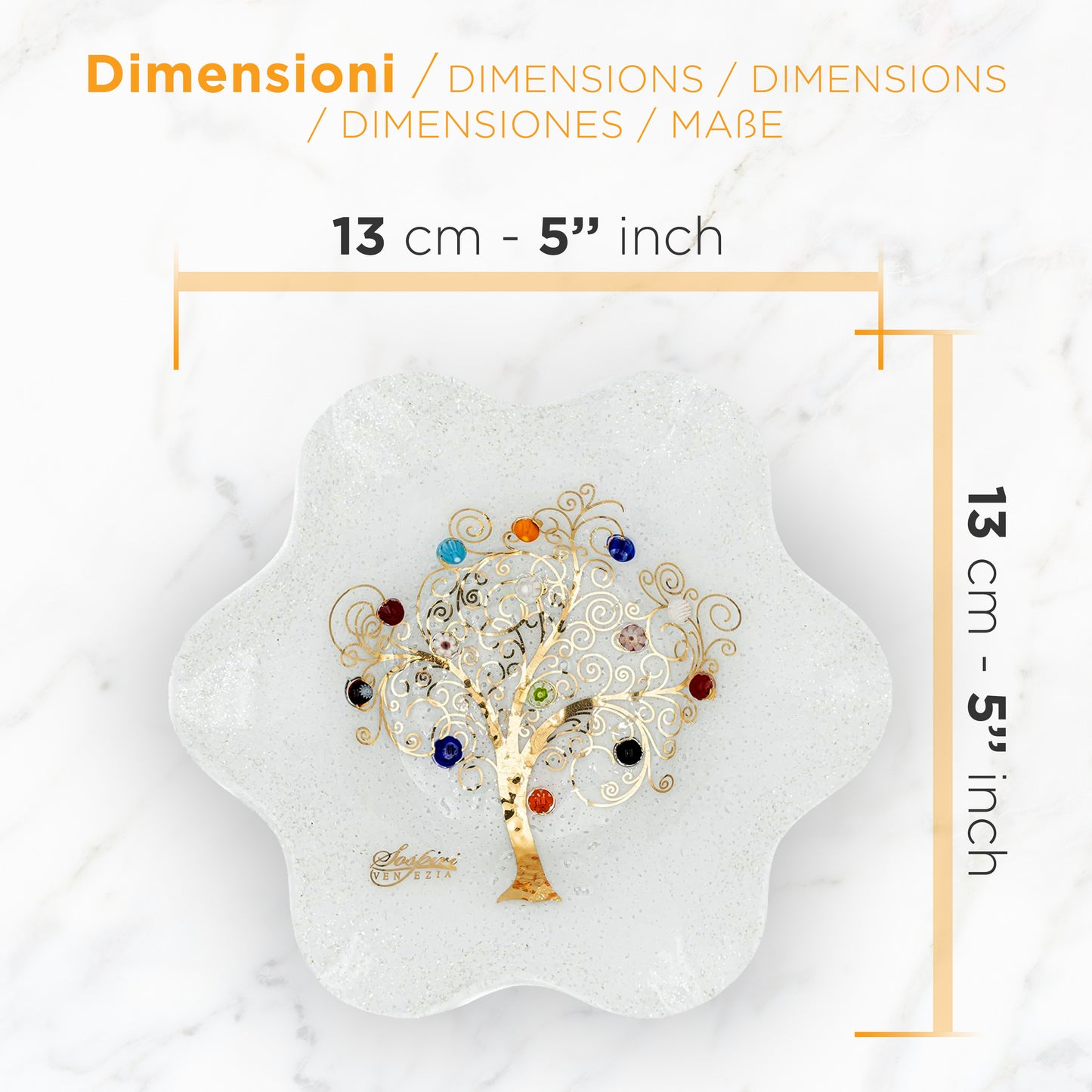 Ciotola Fiore in Vetro di Murano, idea regalo bomboniera, decoro oro ALBERO DELLA VITA e Murrine di Murano