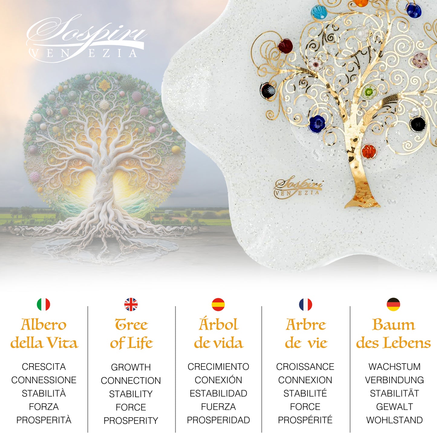 Ciotola Fiore in Vetro di Murano, idea regalo bomboniera, decoro oro ALBERO DELLA VITA e Murrine di Murano