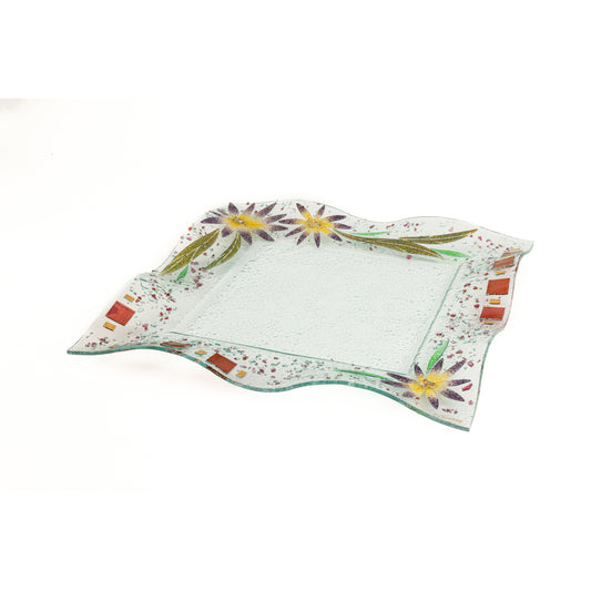 Vassoio decorativo quadrato in vetro di Murano, idea regalo bomboniera, decoro oro FLOREALE cm. 37